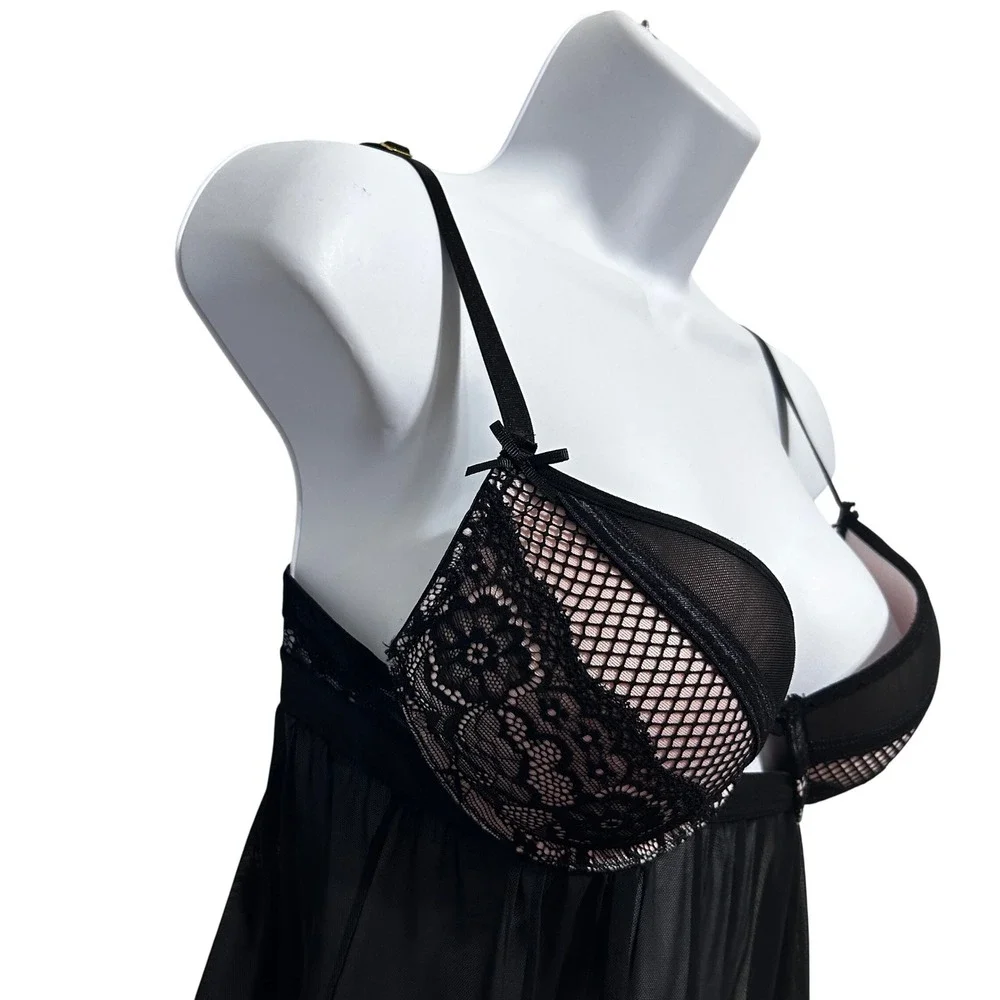 Black Sheer Mesh Babydoll Lingerie M Underwire Lace Fishnet Trim Chemise Nightie